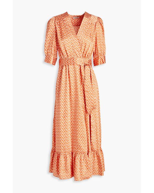 Sandro Orange Enrika Printed Satin-twill Midi Wrap Dress