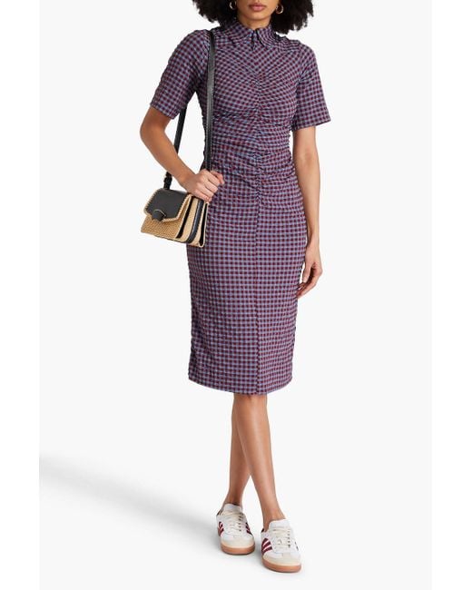 Ganni Ruched Gingham Seersucker Shirt Dress in Purple Lyst
