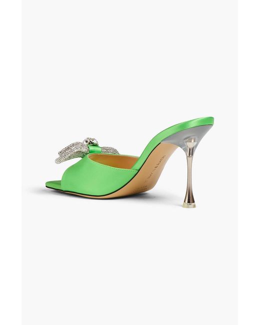 Mach & Mach Green Double Bow Crystal-Embellished Satin Mules