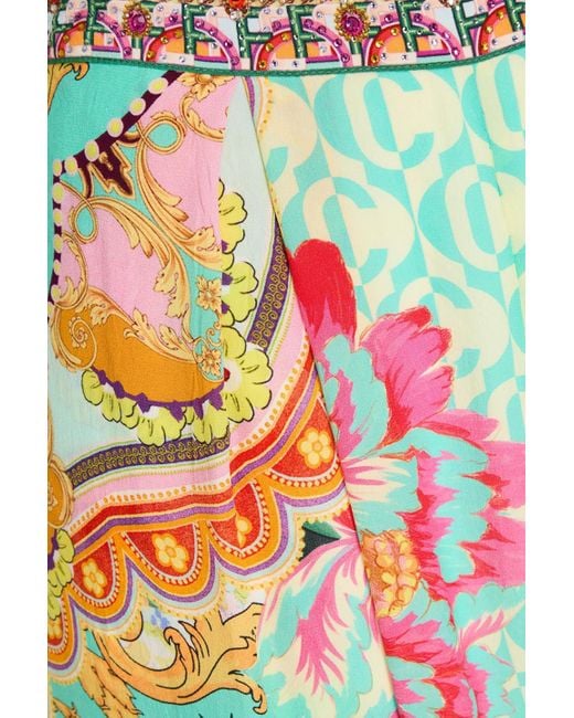 Camilla White Crystal-embellished Printed Silk Crepe De Chine Wide-leg Pants