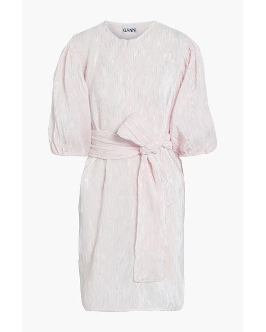 Ganni White Belted Plissé-satin Mini Dress