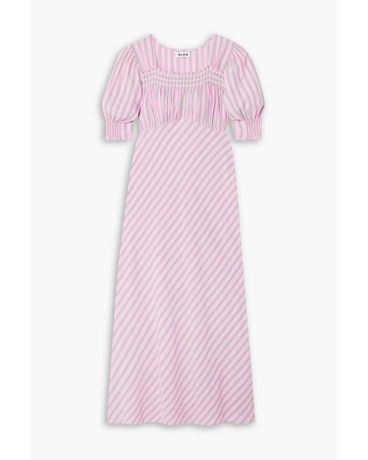 Rixo Pink Corsica Shirred Striped Cotton-blend Midi Dress
