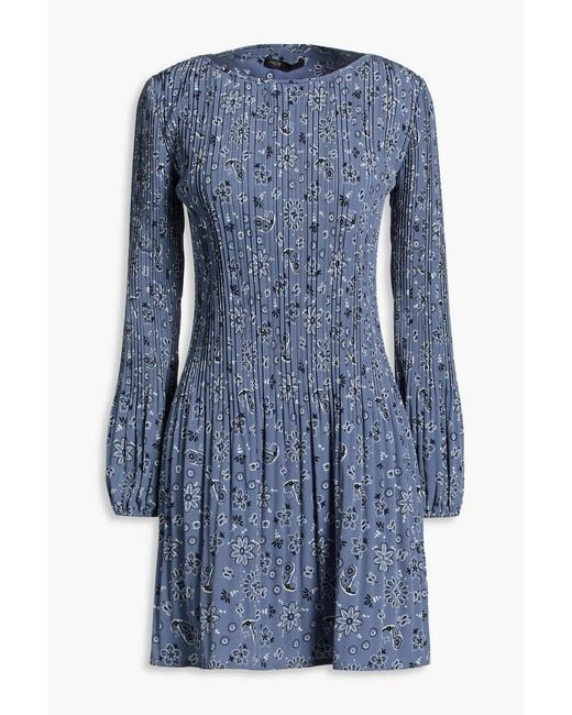 Maje Blue Pleated Floral-Print Crepe De Chine Mini Dress