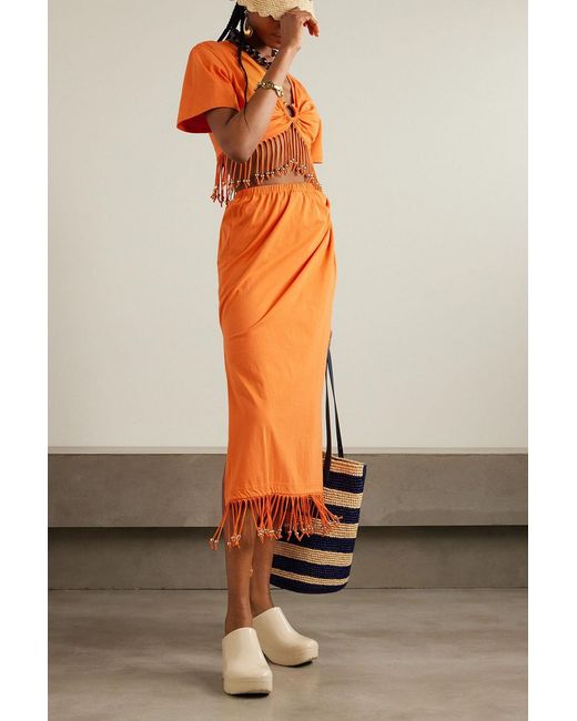 Rabanne Orange Fringed Embellished Gathered Cotton-Jersey Midi Skirt