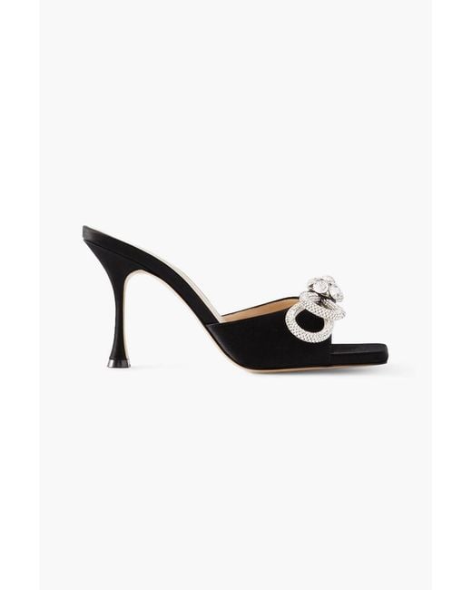 Mach & Mach Black Double Bow Crystal-embellished Satin Mules