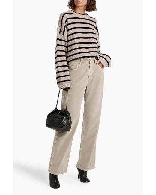 Brunello Cucinelli White Bead-Embellished Striped Ribbed Cashmere Sweater