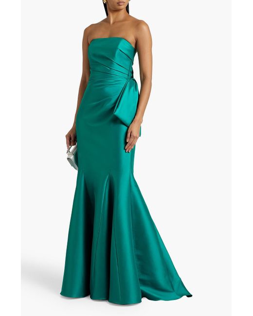 Badgley Mischka Green Strapless Bow-detailed Faille Gown