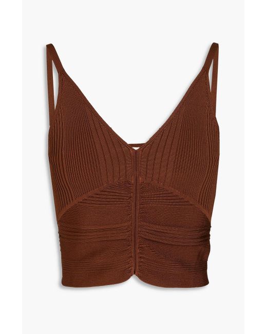 Sandro Brown Cropped Ruched Ribbed-knit Top