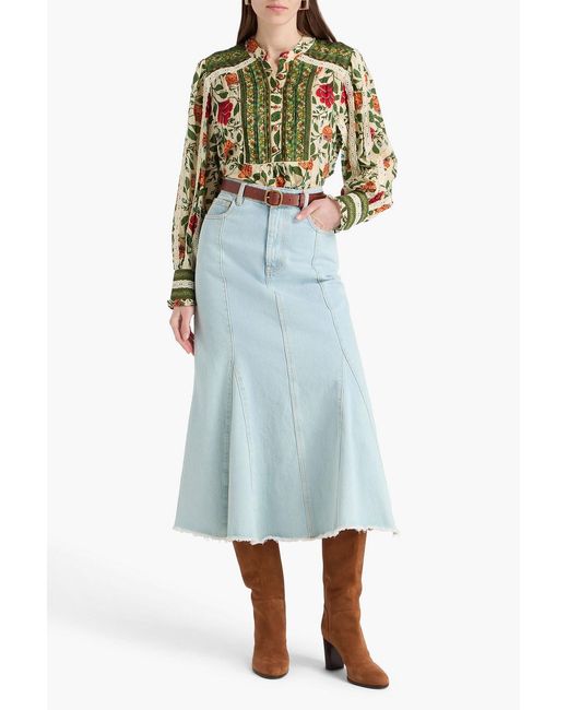 Farm Rio Green Lace-trimmed Floral-print Cotton-blend Blouse