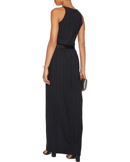 Brunello Cucinelli Black Wrap-effect Embellished Pinstriped Wool-blend Crepe Maxi Dress