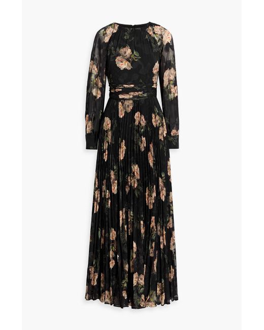 Mikael Aghal Black Pleated Floral-Print Fil Coupé Chiffon Maxi Dress