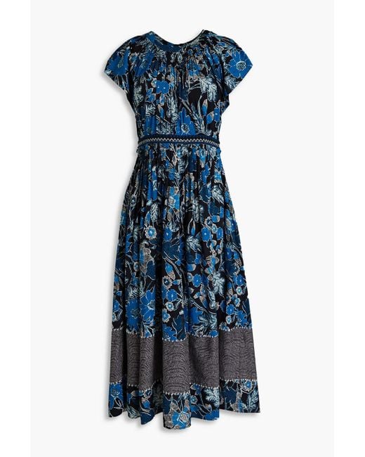 Ulla Johnson Blue Lottie Pleated Floral-print Cotton-blend Midi Dress