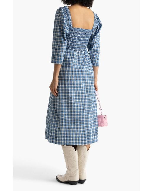 Ganni Blue Shirred Checked Cotton-blend Seersucker Midi Dress
