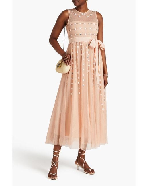 RED Valentino Natural Gathered Embellished Point D'esprit Midi Dress