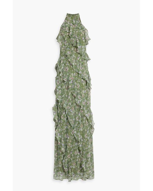 Mikael Aghal Green Ruffled Floral-Print Chiffon Gown