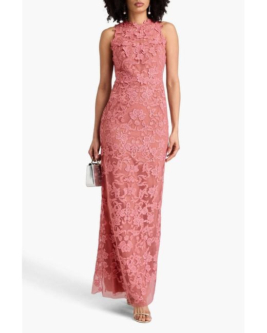 Marchesa Pink Floral-Appliquéd Corded Lace Gown