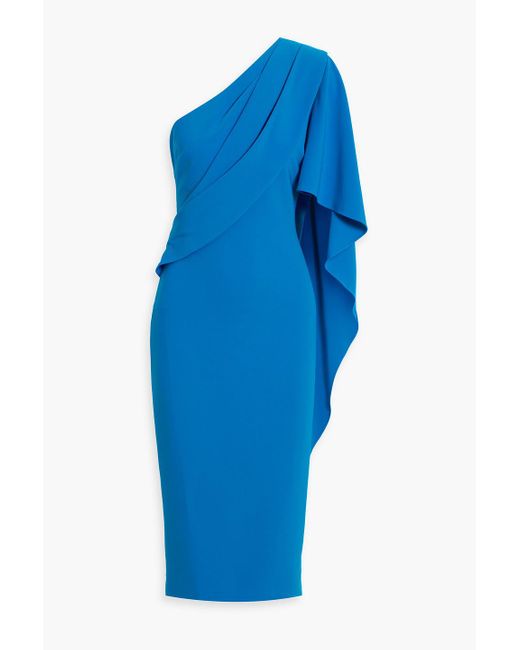 Badgley Mischka Blue One-Sleeve Draped Crepe Midi Dress