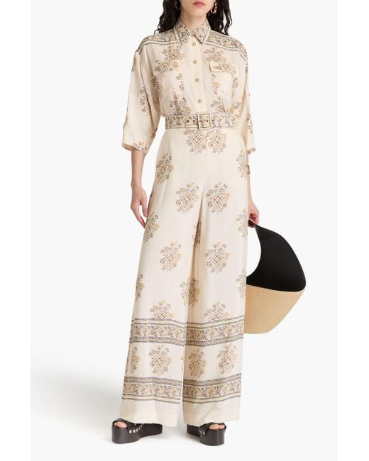 Zimmermann Natural Belted Printed Crepe De Chine Wide-leg Pants