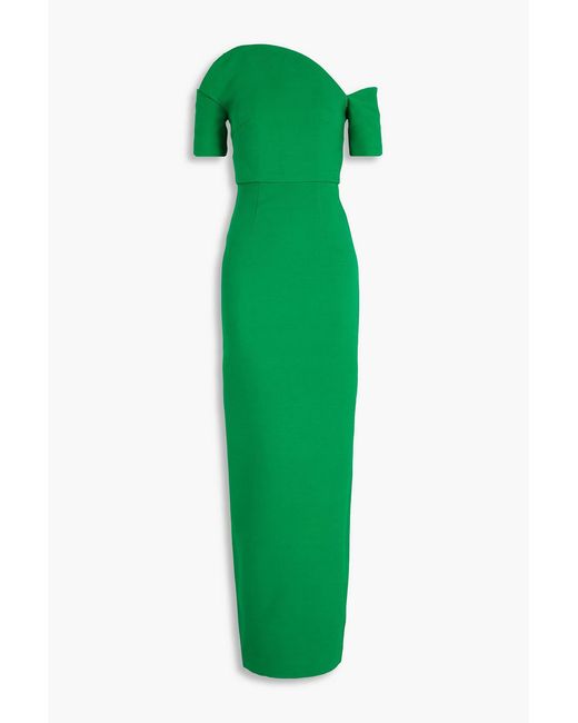 Roland Mouret Green Off-the-shoulder Wool And Silk-blend Crepe Gown