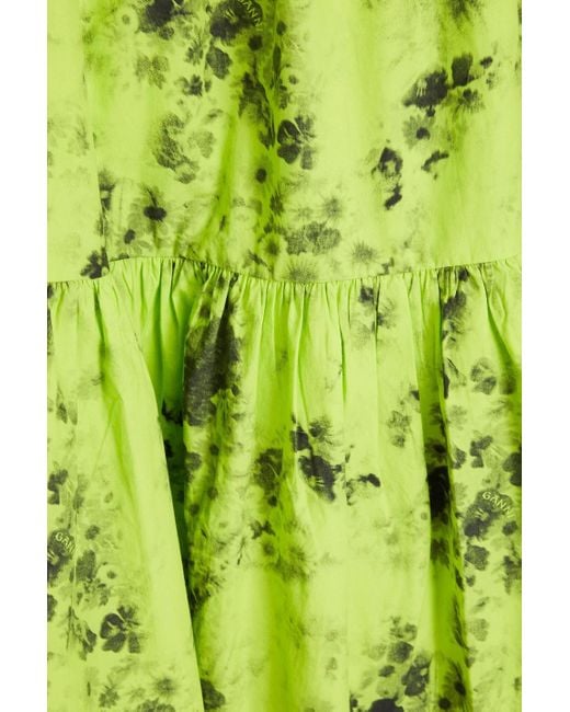 Ganni Green Floral-print Cotton-poplin Midi Skirt