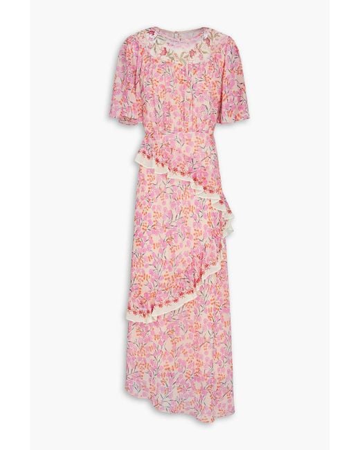 Saloni Pink Ruffled Floral-print Silk-chiffon Maxi Dress