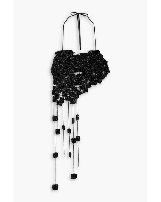 Cult Gaia Black Margaux Asymmetric Fringed Beaded Silk Halterneck Top