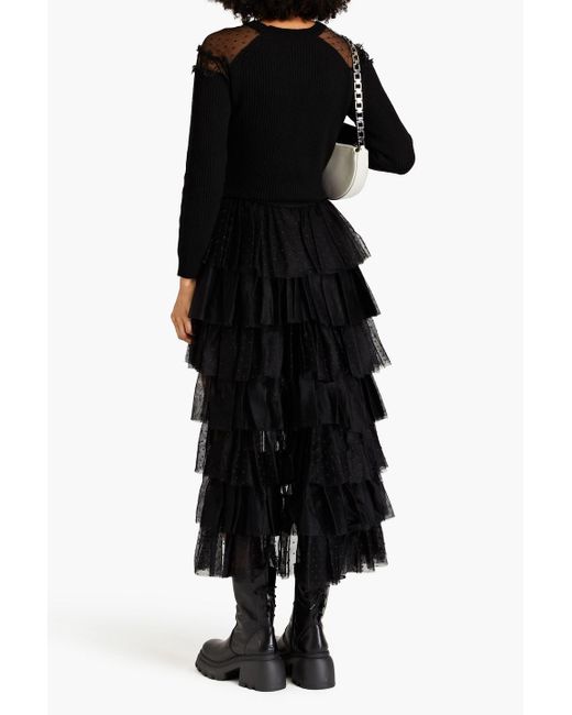RED Valentino Black Tiered Ruffled Point D'esprit And Tulle Midi Skirt