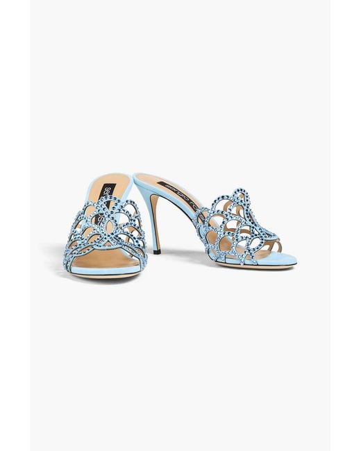 Sergio Rossi Blue Mermaid Crystal-Embellished Laser-Cut Suede Mules