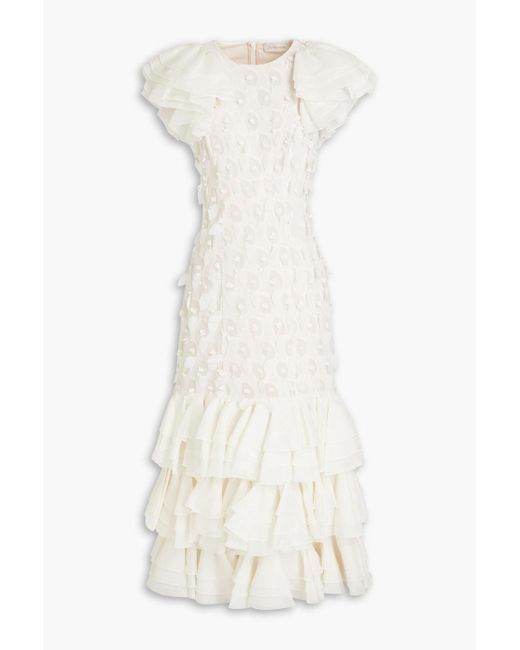 Zimmermann White Tiered Chiffon-paneled Linen And Silk-blend Gown
