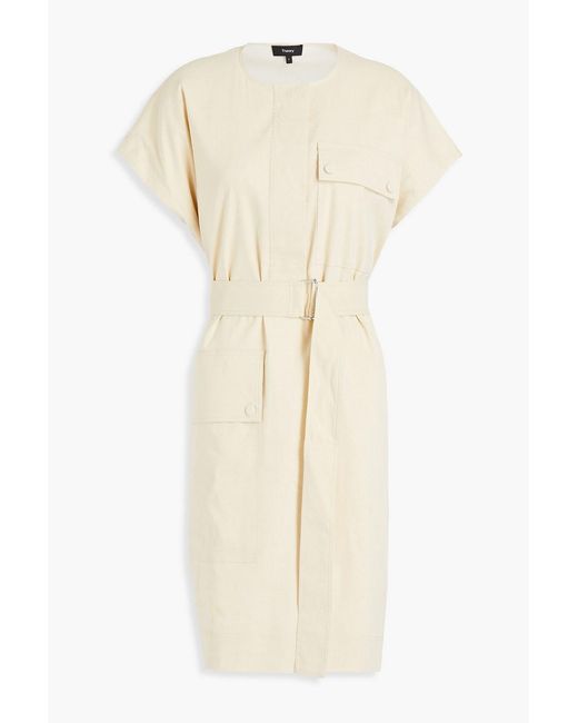 Theory Natural Belted Slub Linen-blend Dress