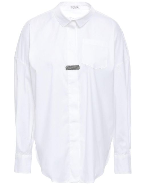 Brunello Cucinelli White Bead-embellished Stretch-cotton Poplin Shirt