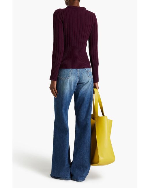 Tory Burch Purple Embroidered Ribbed Cashmere Sweater