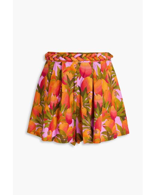 Farm Rio Red Pleated Printed Linen-Blend Shorts