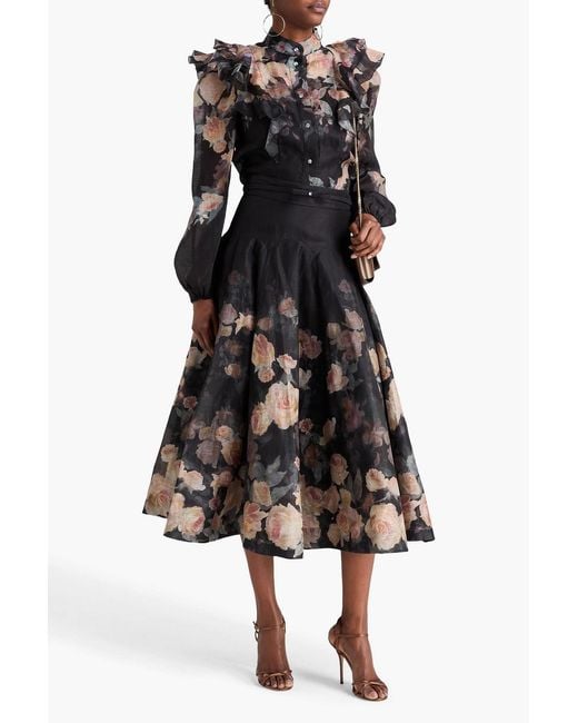 Zimmermann Black Ruffled Floral-Print Linen And Silk-Blend Shirt