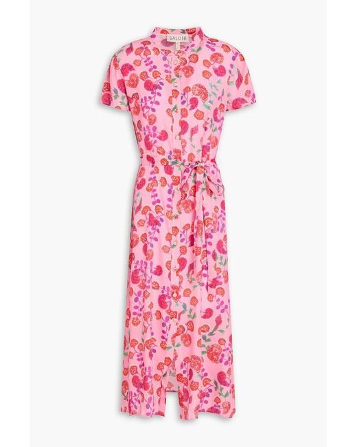 Saloni Pink Lilan Printed Crepe Midi Shirt Dress