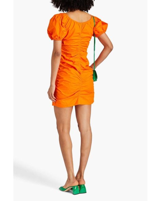 Ganni Orange Ruched Cotton-poplin Mini Dress