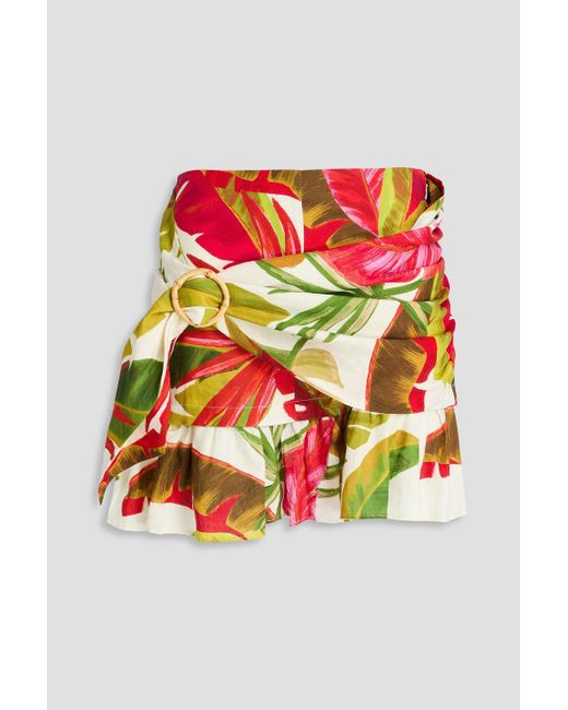 Farm Rio Gray Ruffled Printed Linen-Blend Mini Skirt