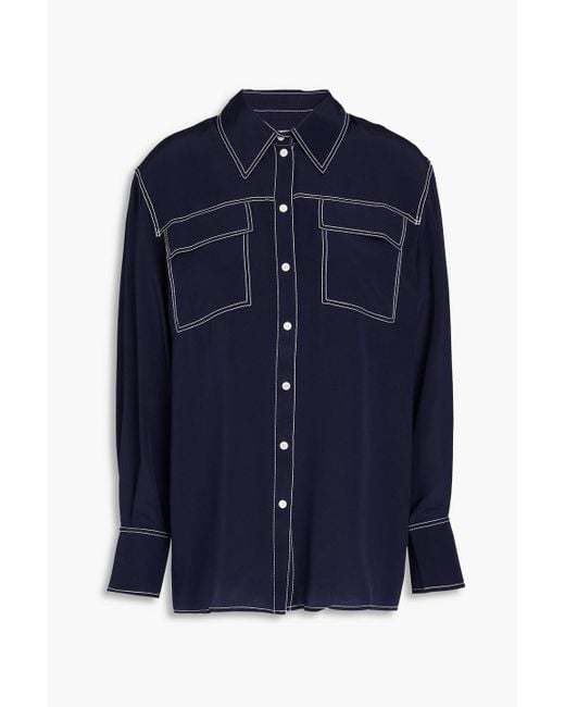 Claudie Pierlot Blue Candice Topstitched Silk Crepe De Chine Shirt