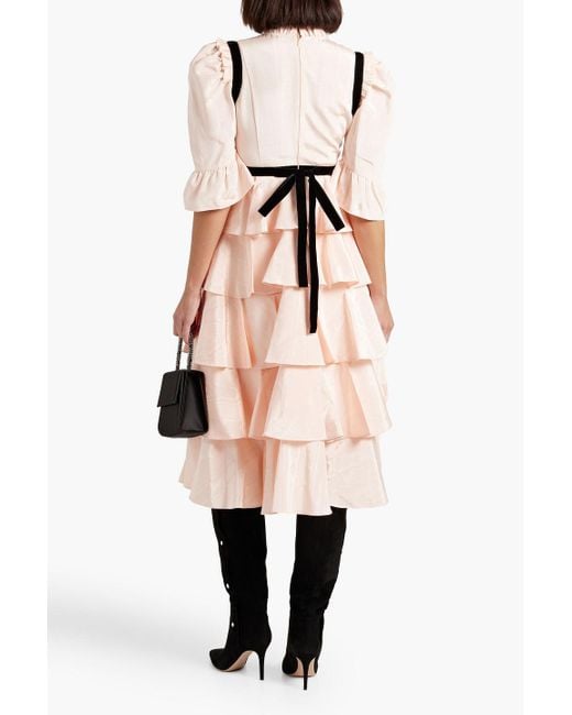 BATSHEVA Pink Simone Tiered Ruffled Moire Midi Dress