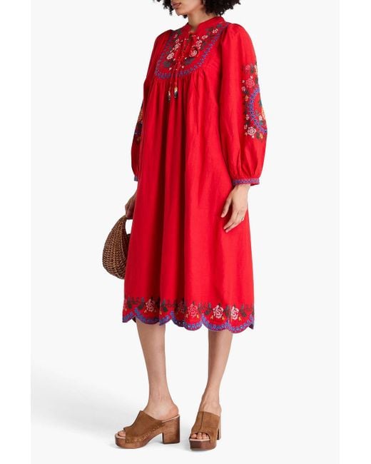 Farm Rio Red Embellished Linen-blend Midi Dress