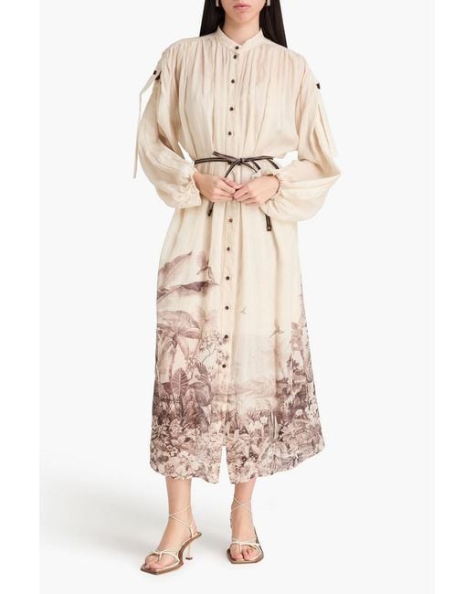 Zimmermann Natural Belted Floral-Print Ramie Midi Shirt Dress