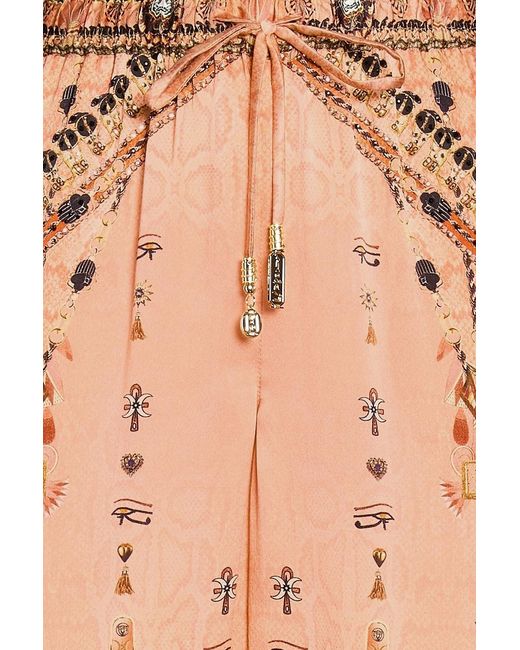 Camilla Natural Printed Embellished Silk-Satin Wide-Leg Pants