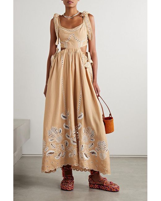 Farm Rio Natural Open-back Scalloped Broderie Anglaise Linen-blend Midi Dress