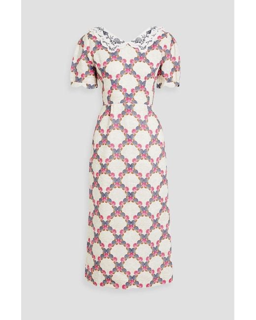 Saloni White Blanca Embroidered Printed Linen Midi Dress