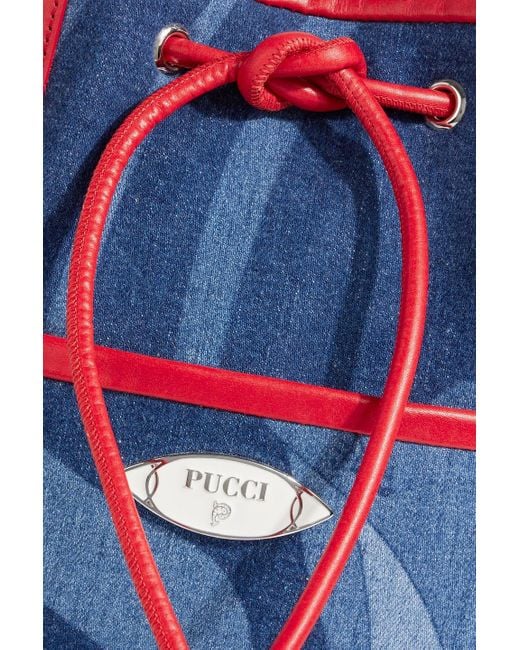 Emilio Pucci White Leather-trimmed Printed Denim Bucket Bag