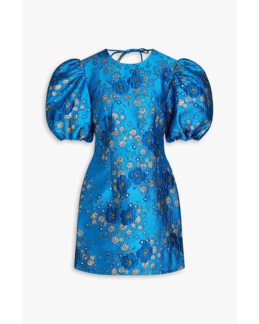 Ganni Metallic Brocade Mini Dress in Blue | Lyst