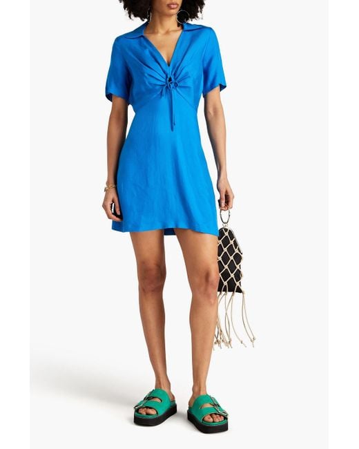 Sandro Blue Bow-detailed Ruched Twill Mini Dress