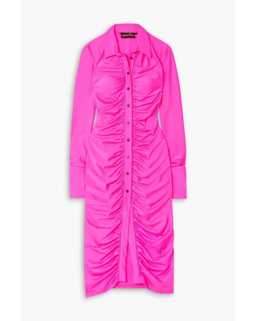 Quinn Pink Neon Ruched Stretch-jersey Midi Shirt Dress