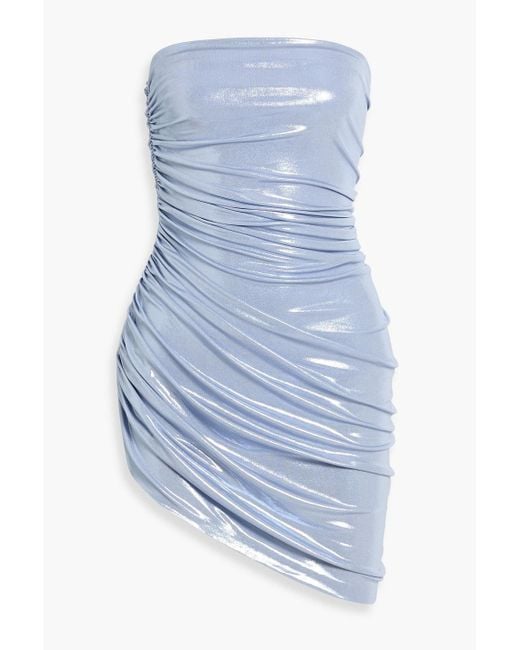 Norma Kamali Women's Blue Diana Pickleball Strapless Ruched Lam Mini Dress Norma Kamali Women's Blue Diana Pickleball Strapless Ruched Lam Mini Dress