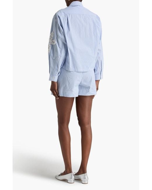 Sandro Blue Striped Floral-Appliquéd Cotton-Blend Shorts